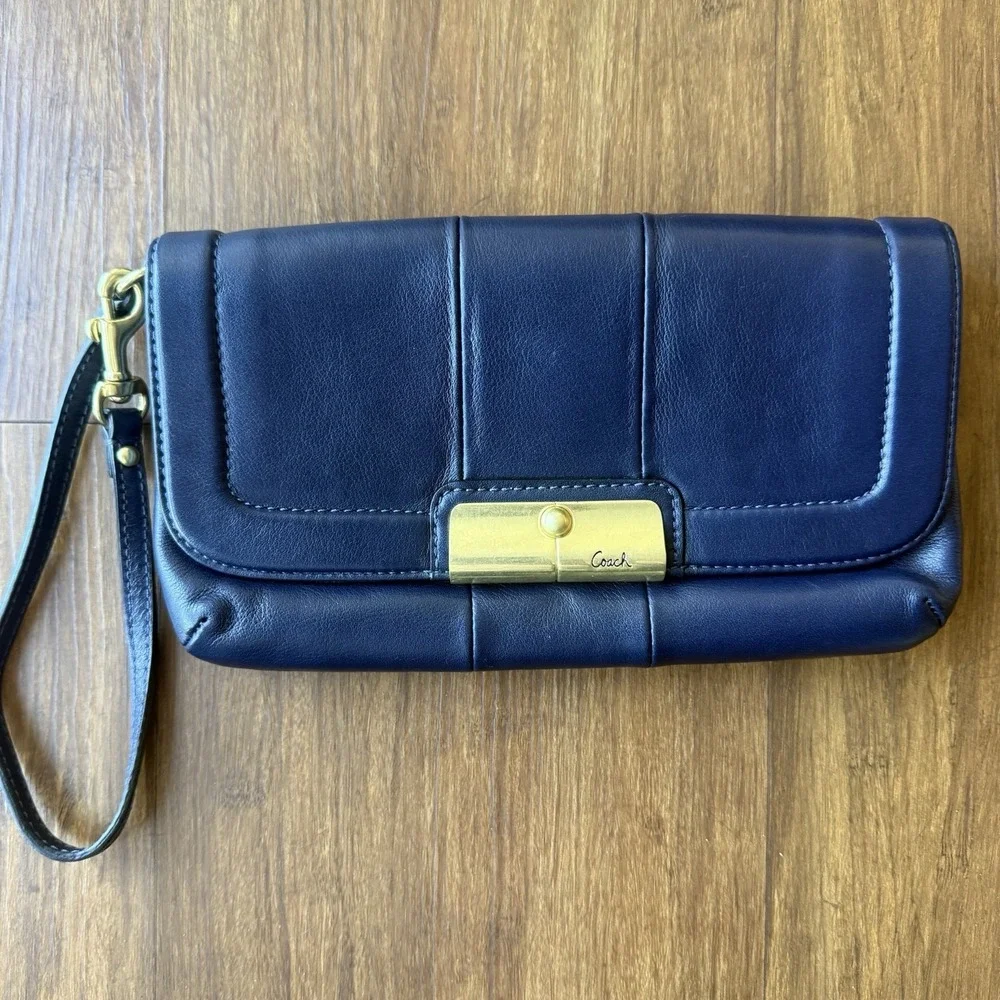 Vtg Coach Kristin Large Wristlet Leather Demi Purse Marine Blue Clutch Bag Y2K